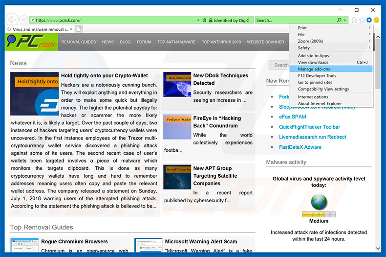 Removing yowwinnerprize.com ads from Internet Explorer step 1