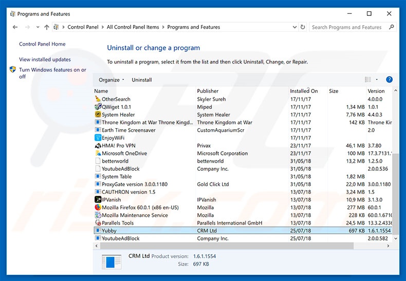 Yubby adware uninstall via Control Panel