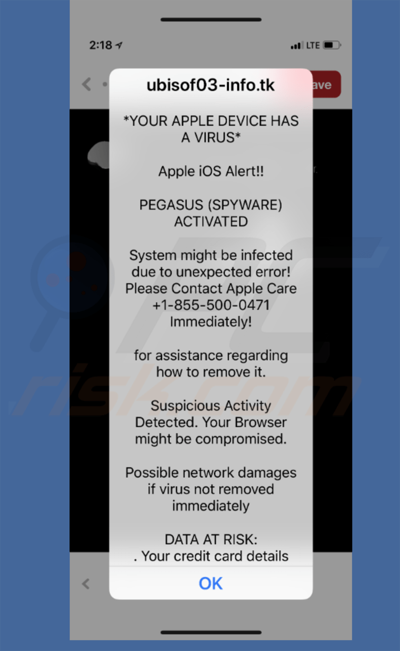 fake apple ios alert on iPhone (tech support scam)