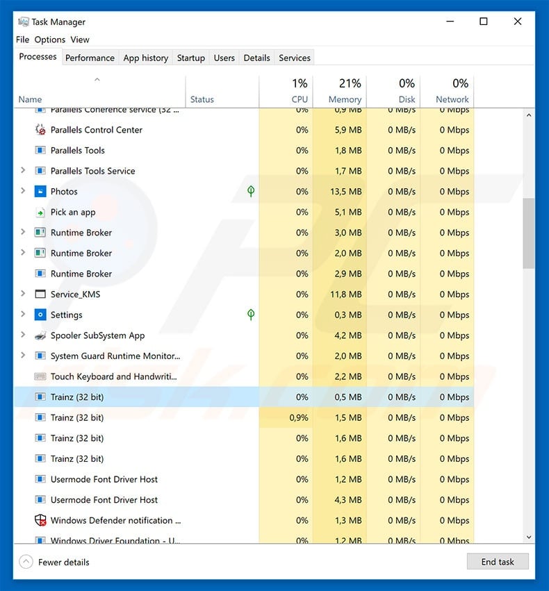 Hancitor trojan in windows task manager