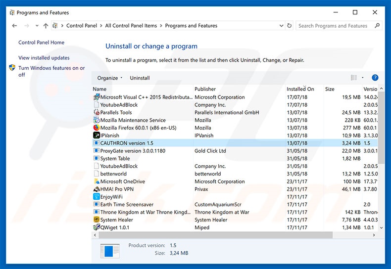CAUTHRON adware uninstall via Control Panel