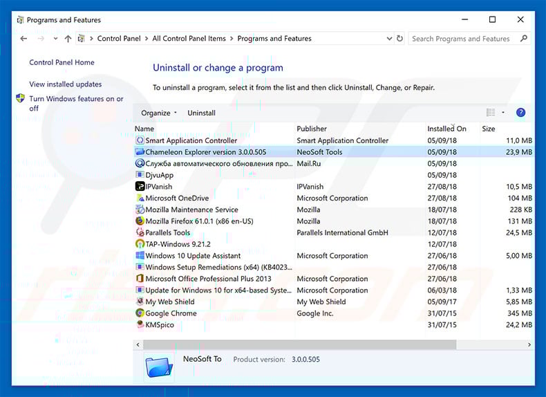 Chameleon Explorer Pro adware uninstall via Control Panel