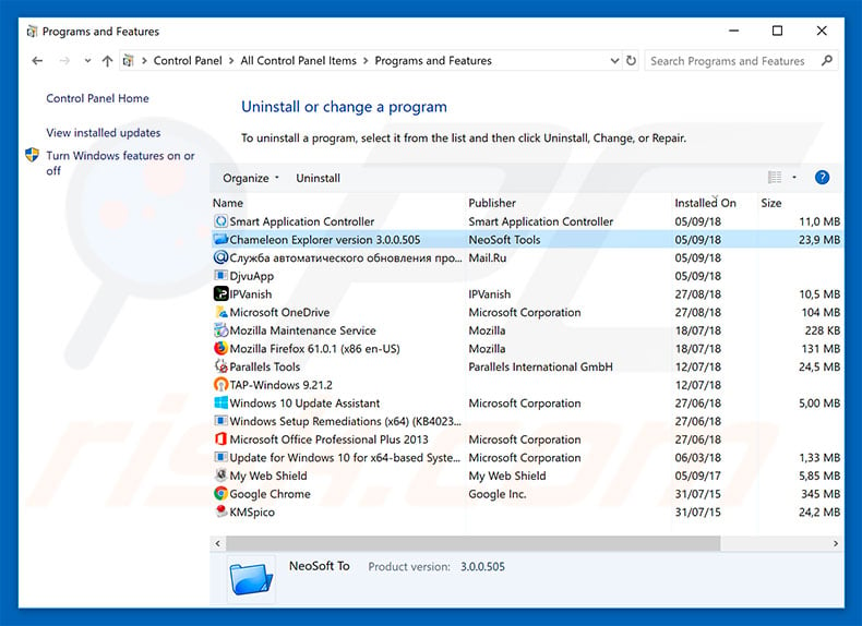 Chameleon Explorer Pro adware uninstall via Control Panel