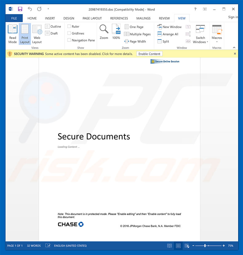 Malicious attachment distributed through Chase Bank Important Account Documents spam campaign