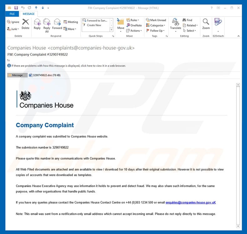 Company Complaint Email Virus spam campaign sample 2