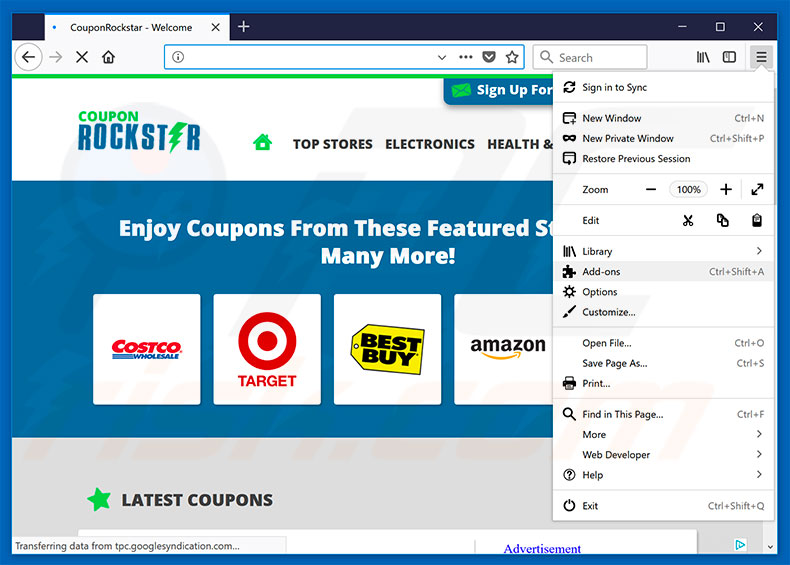 Removing CouponRockstar ads from Mozilla Firefox step 1