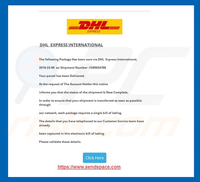 DHL Email Virus letter sample 3