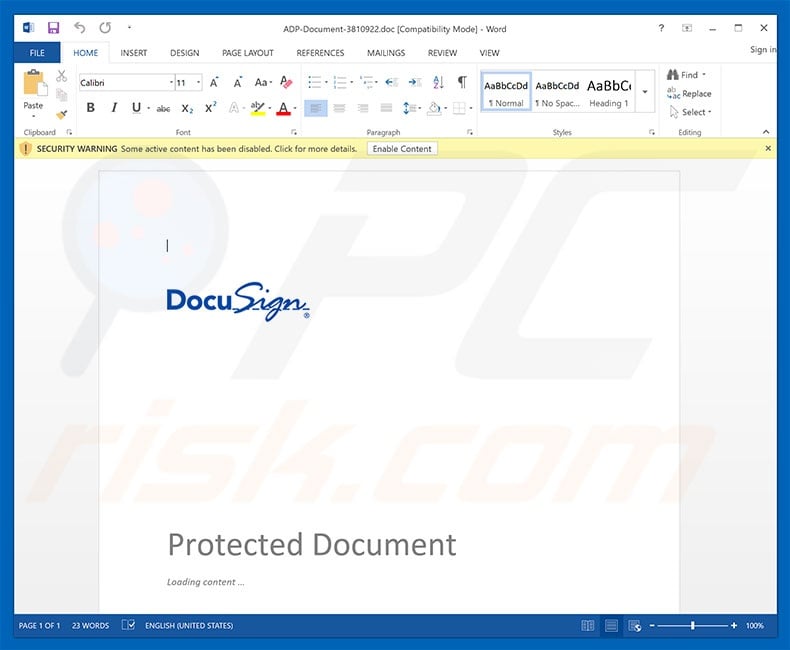 Malicious attachment distributed through DocuSign Email Virus spam campaign