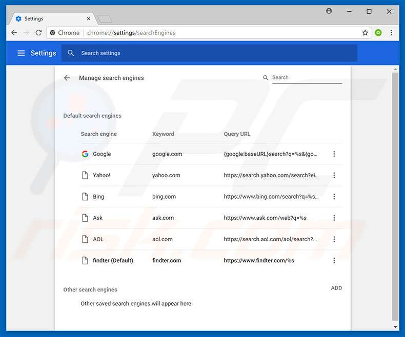 Removing findter.com from Google Chrome default search engine