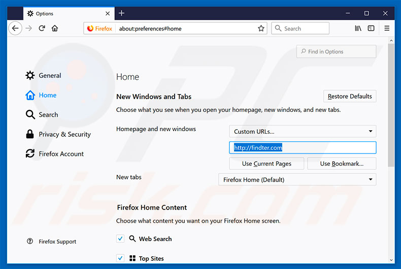 Removing findter.com from Mozilla Firefox homepage