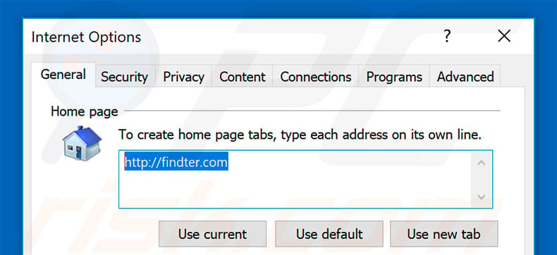 Removing findter.com from Internet Explorer homepage
