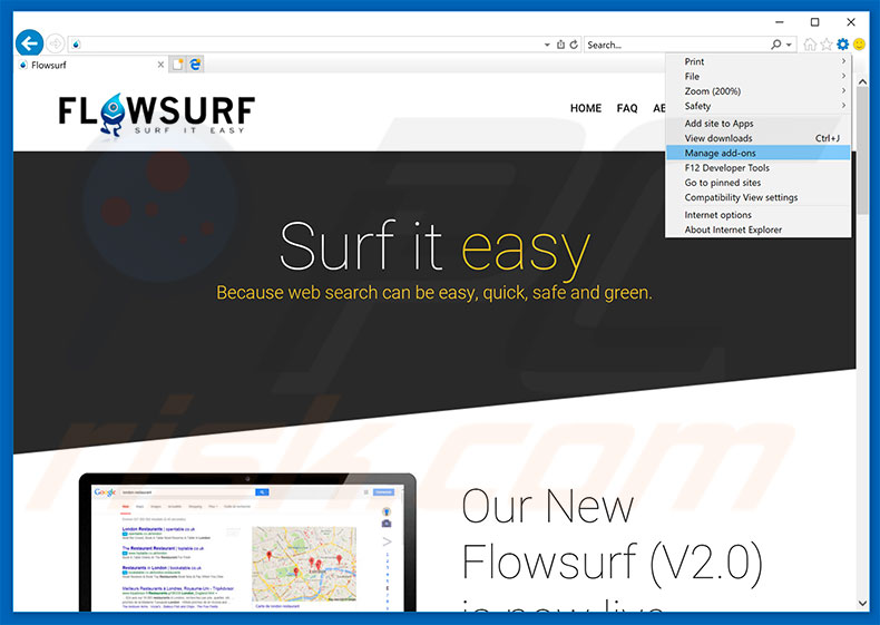 Removing Flowsurf ads from Internet Explorer step 1