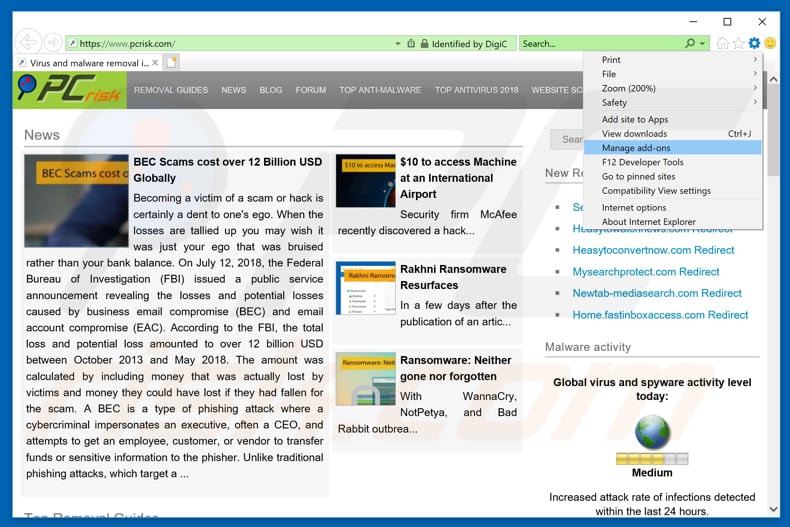 Removing fresh-info.news ads from Internet Explorer step 1