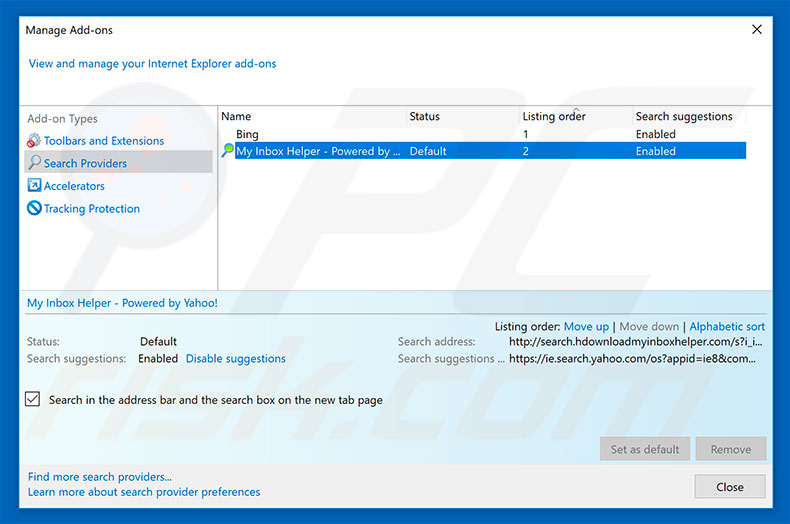 Removing search.hdownloadmyinboxhelper.com from Internet Explorer default search engine