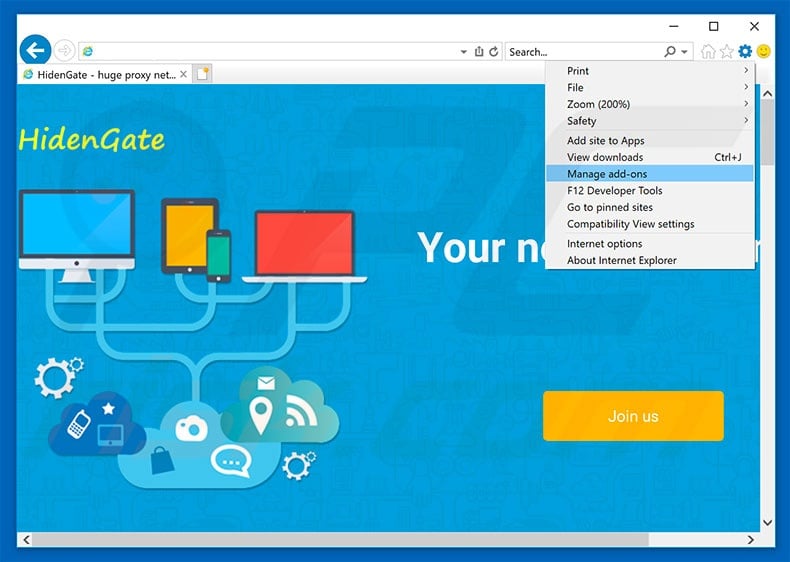 Removing HidenGate ads from Internet Explorer step 1