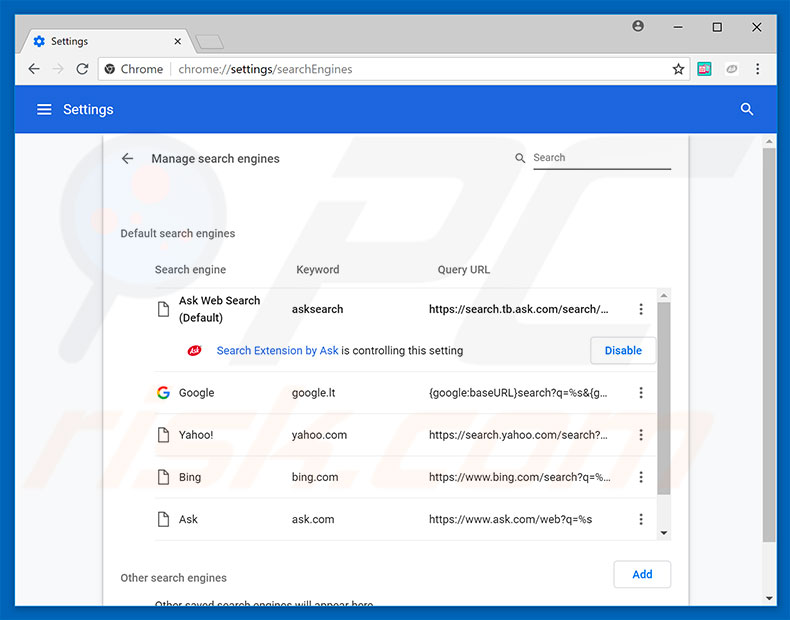 Removing hp.myway.com from Google Chrome default search engine