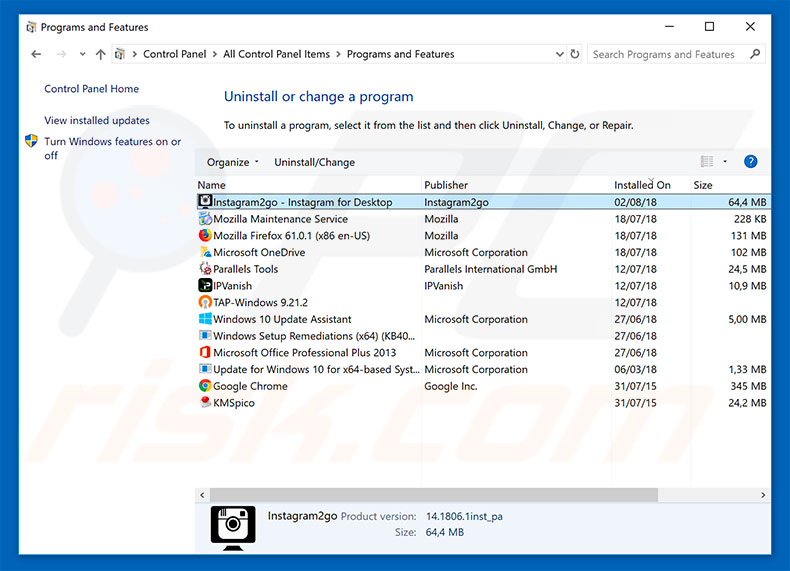 Instagram2go adware uninstall via Control Panel