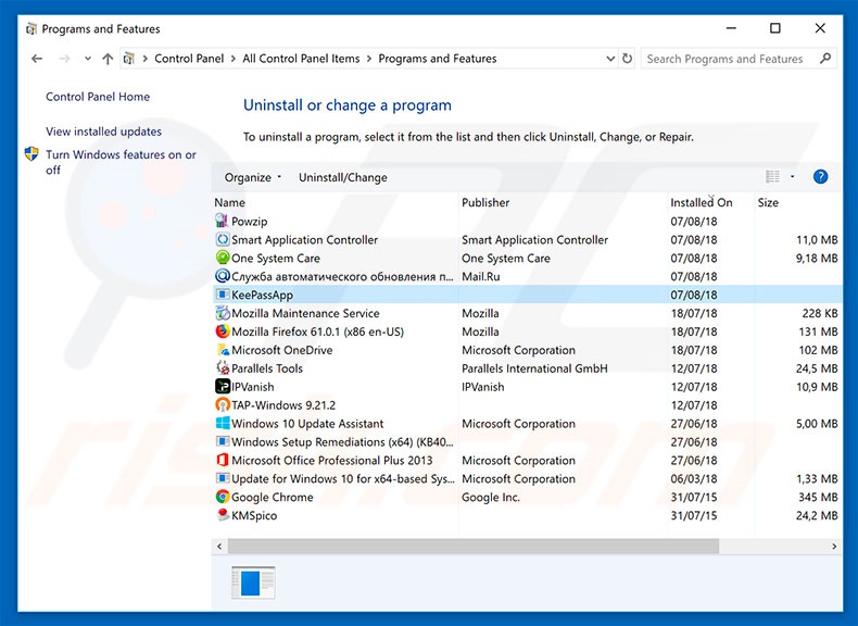 KeePass adware uninstall via Control Panel