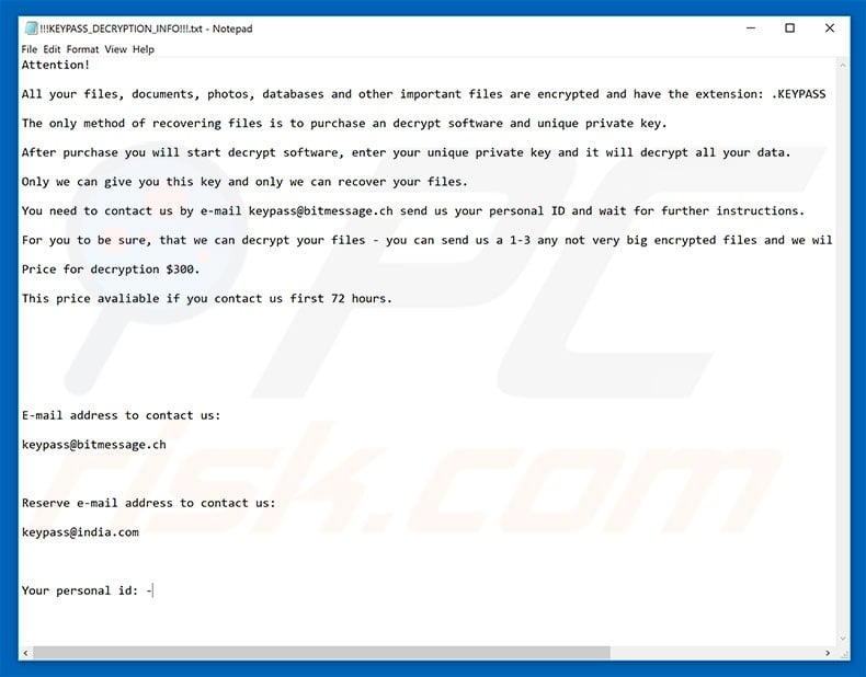 KEYPASS ransomware ransom-demanding message (!!!KEYPASS_DECRYPTION_INFO!!!.txt)