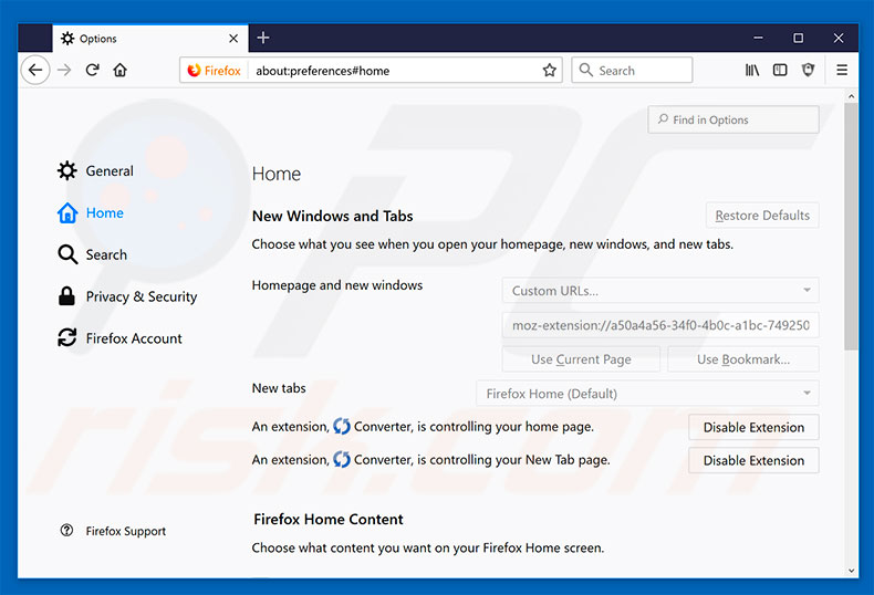 Removing search.hmyconverterhub.com from Mozilla Firefox homepage
