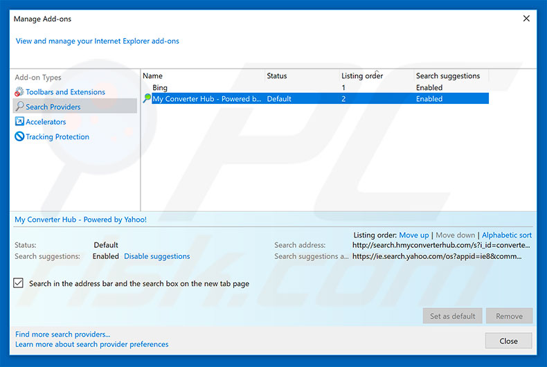 Removing search.hmyconverterhub.com from Internet Explorer default search engine