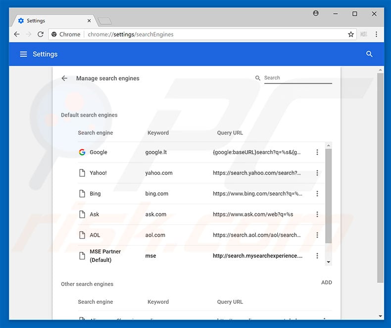 Removing search.mysearchexperience.com from Google Chrome default search engine