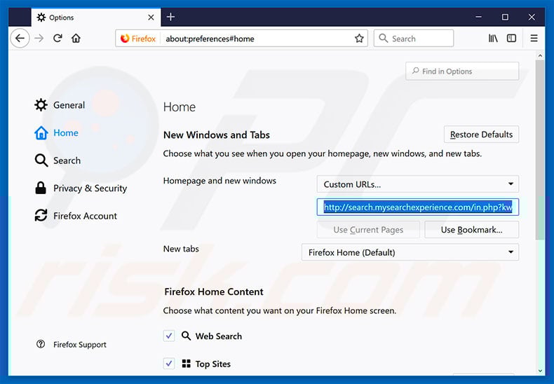 Removing search.mysearchexperience.com from Mozilla Firefox homepage