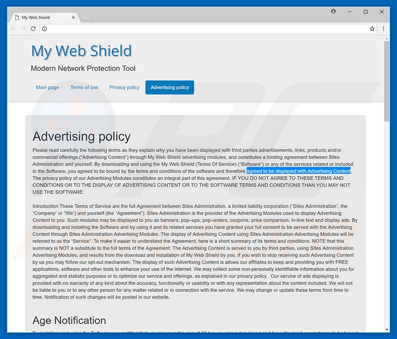 My Web Shield advertising policy