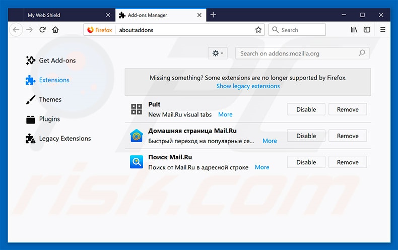 Removing My Web Shield ads from Mozilla Firefox step 2