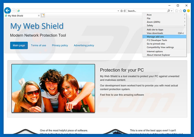 Removing My Web Shield ads from Internet Explorer step 1