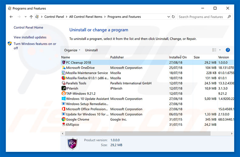 PC CleanUp 2018 adware uninstall via Control Panel