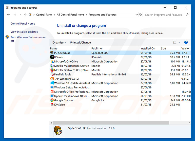 PC SpeedCat adware uninstall via Control Panel