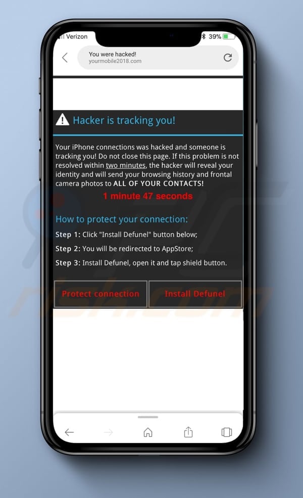 Pop-up window displayed when visiting yourmobile2018.com website via mobile device