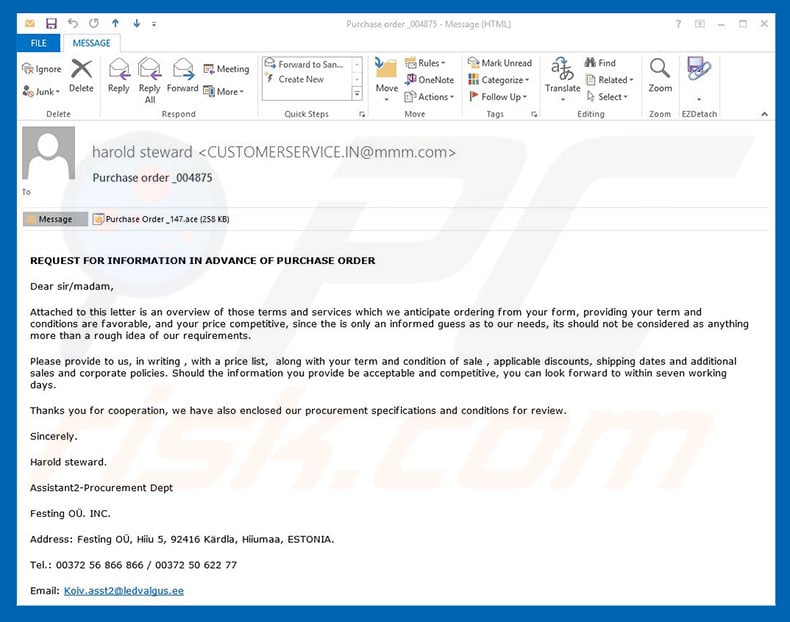 Purchase Order Email Virus malware