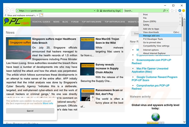 Removing pwieu.com ads from Internet Explorer step 1