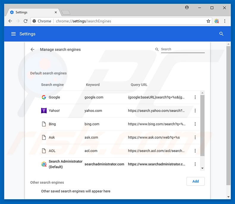 Removing searchadministrator.com from Google Chrome default search engine