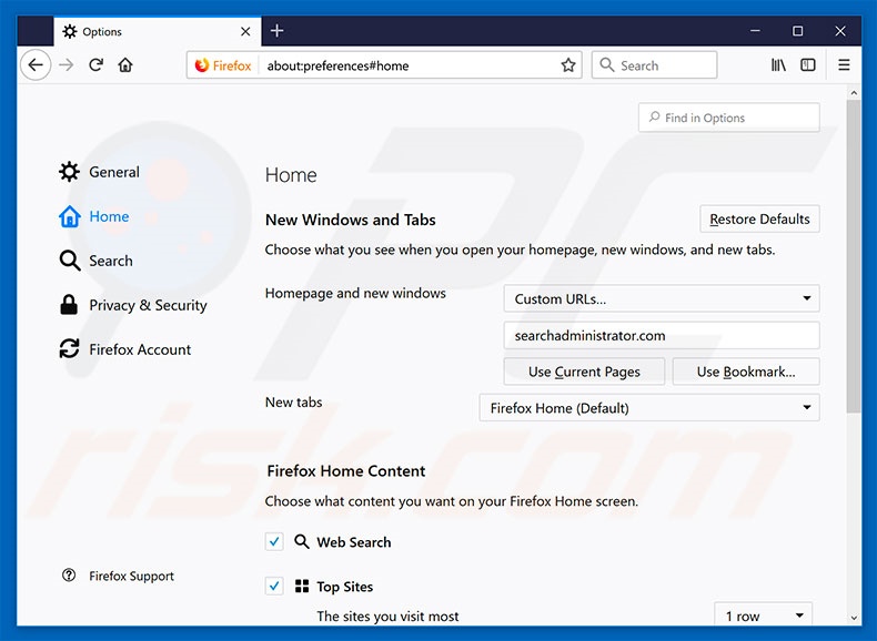 Removing searchadministrator.com from Mozilla Firefox homepage