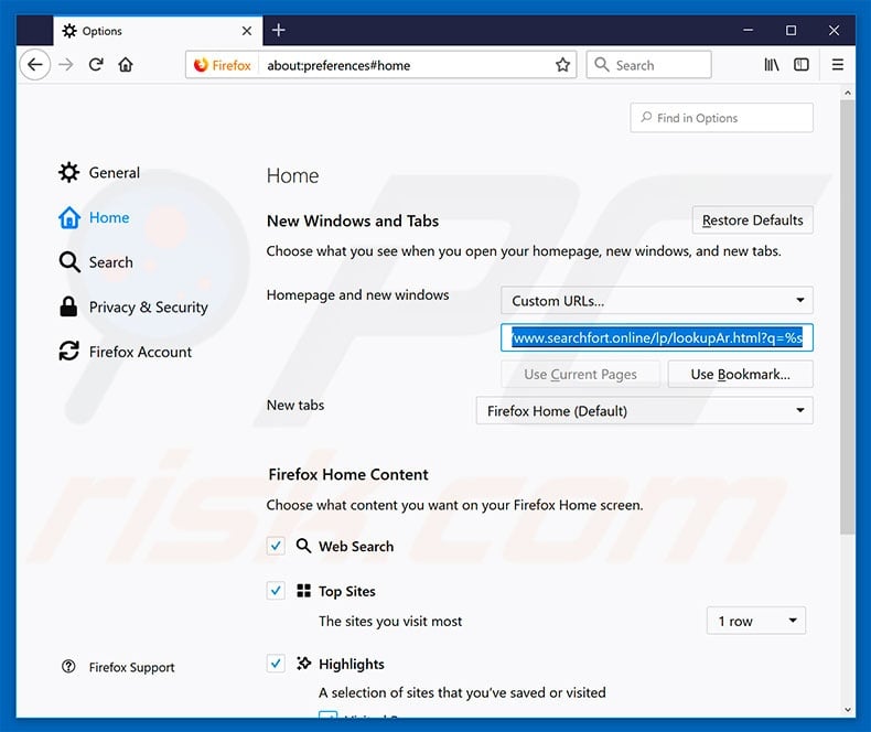 Removing searchfort.online from Mozilla Firefox homepage