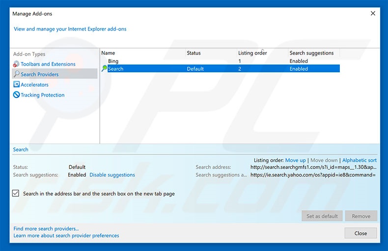 Removing search.searchgmfs1.com from Internet Explorer default search engine