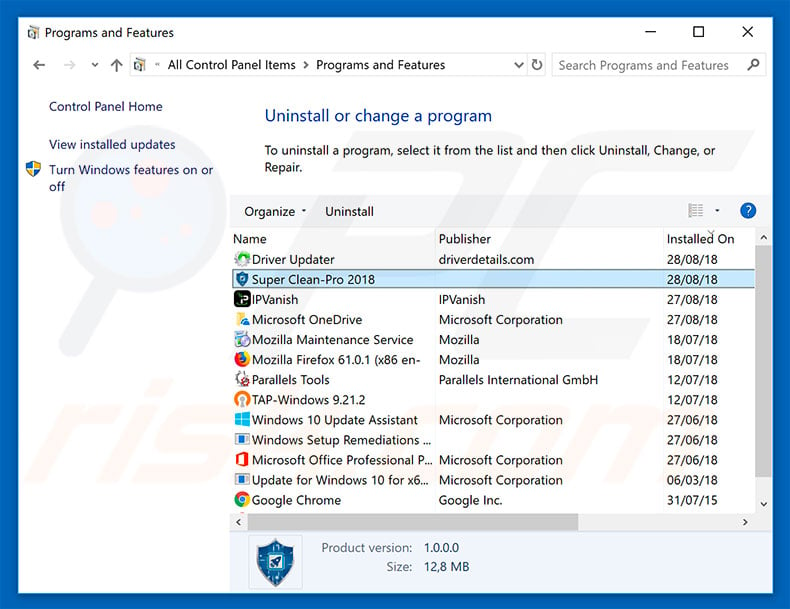Super Clean Pro 2018 adware uninstall via Control Panel