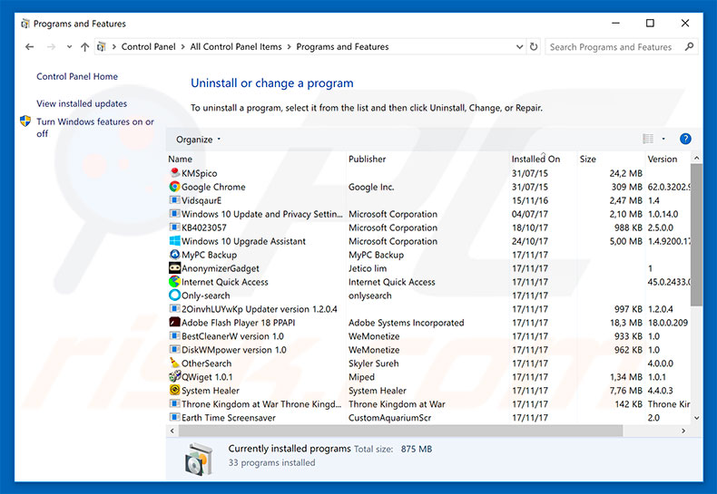 SystemNanoPacks adware uninstall via Control Panel