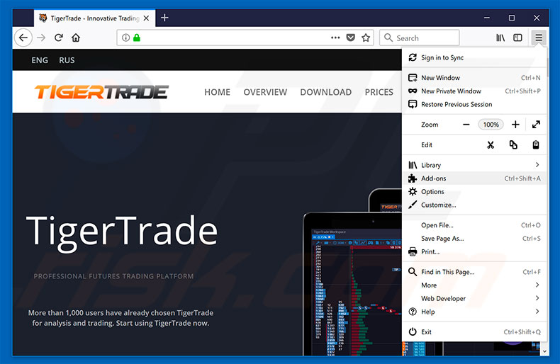 Removing TigerTrade ads from Mozilla Firefox step 1