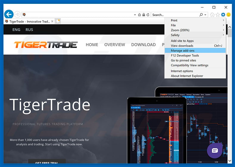 Removing TigerTrade ads from Internet Explorer step 1