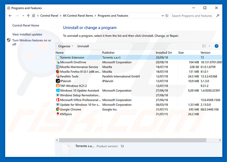 Torrent Extension adware uninstall via Control Panel