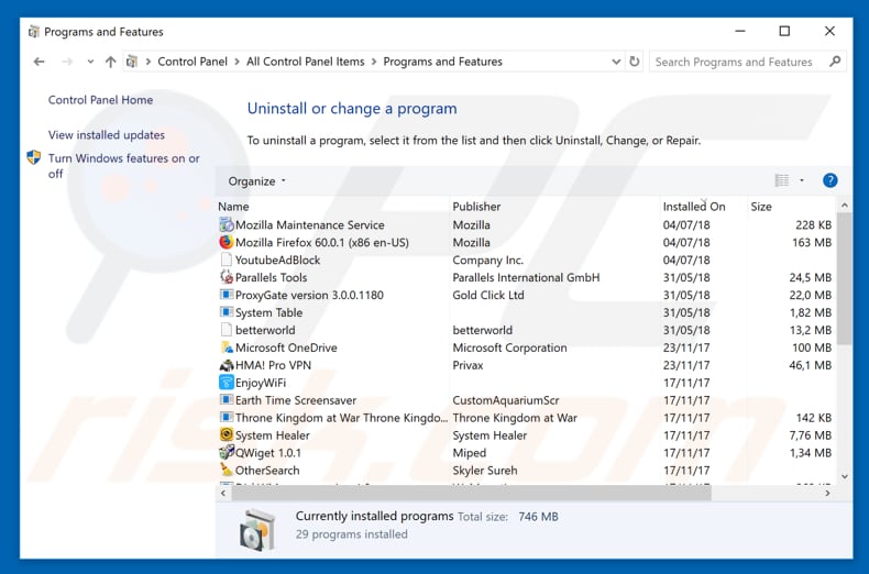 umprow.com  adware uninstall via Control Panel