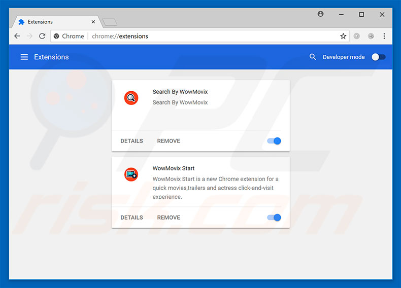 Removing wowmovix.com related Google Chrome extensions