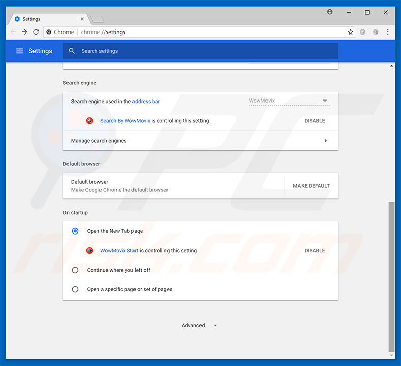 Removing wowmovix.com from Google Chrome homepage