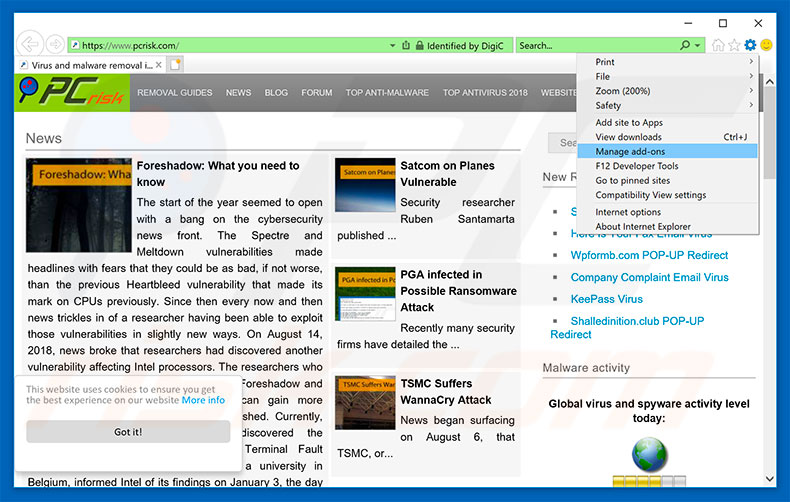 Removing YeaDesktop ads from Internet Explorer step 1