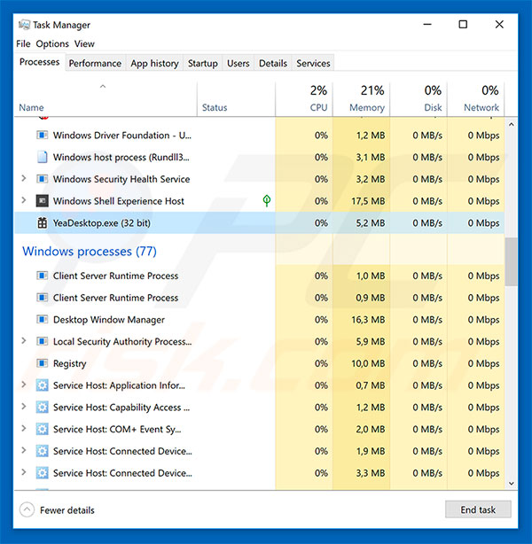YeaDesktyop adware in Task Manager
