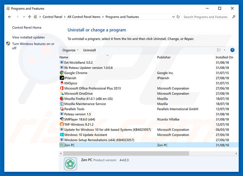 Zen PC adware uninstall via Control Panel
